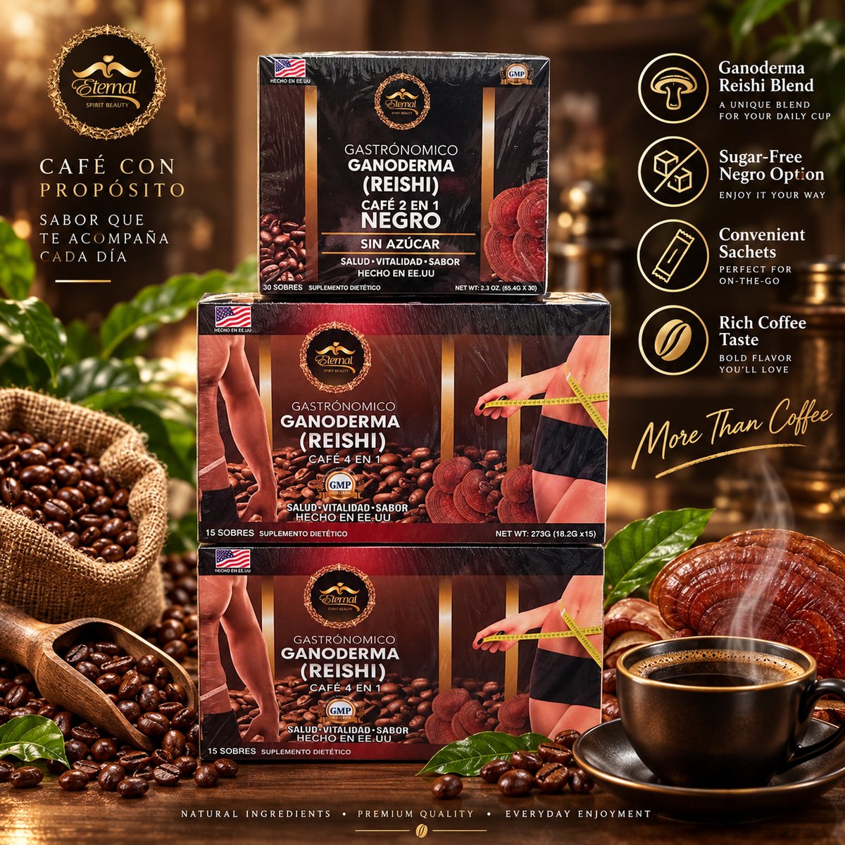 Eternal Spirit Beauty Combo 3 Coffee – Ganoderma Reishi | 2 Boxes 4 in 1 + 1 Box 2 in 1 Negro