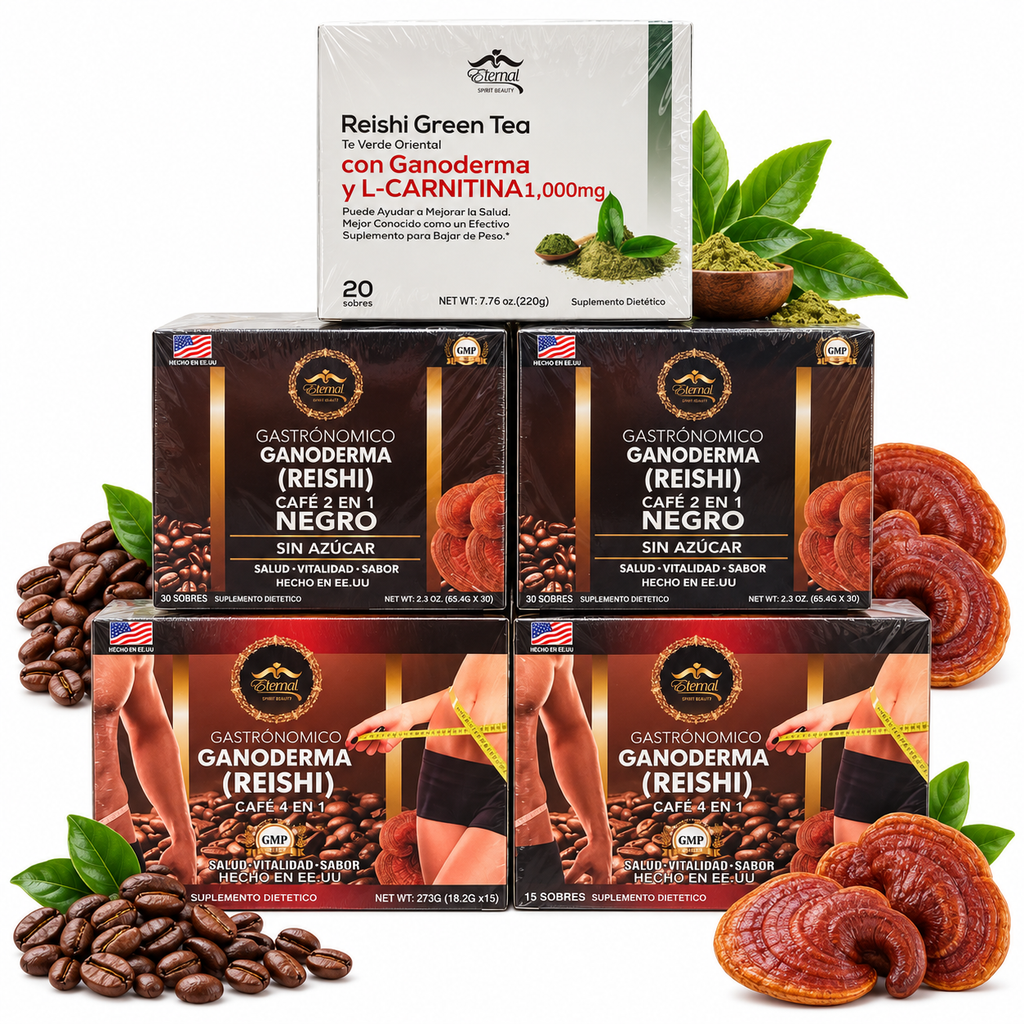Eternal Spirit Beauty Combo 5 – Ganoderma Reishi Coffee &amp; Green Tea | 2 Café 4 en 1 + 2 Café Negro 2 en 1 + 1 Reishi Green Tea