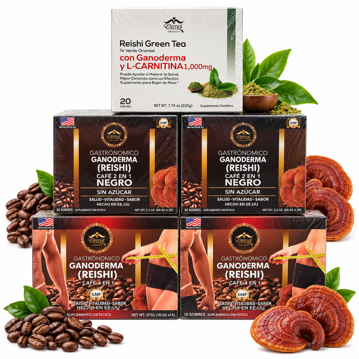 Eternal Spirit Beauty Combo 5 – Ganoderma Reishi Coffee &amp; Green Tea | 2 Café 4 en 1 + 2 Café Negro 2 en 1 + 1 Reishi Green Tea