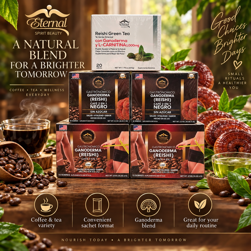 Eternal Spirit Beauty Combo 5 – Ganoderma Reishi Coffee &amp; Green Tea | 2 Café 4 en 1 + 2 Café Negro 2 en 1 + 1 Reishi Green Tea