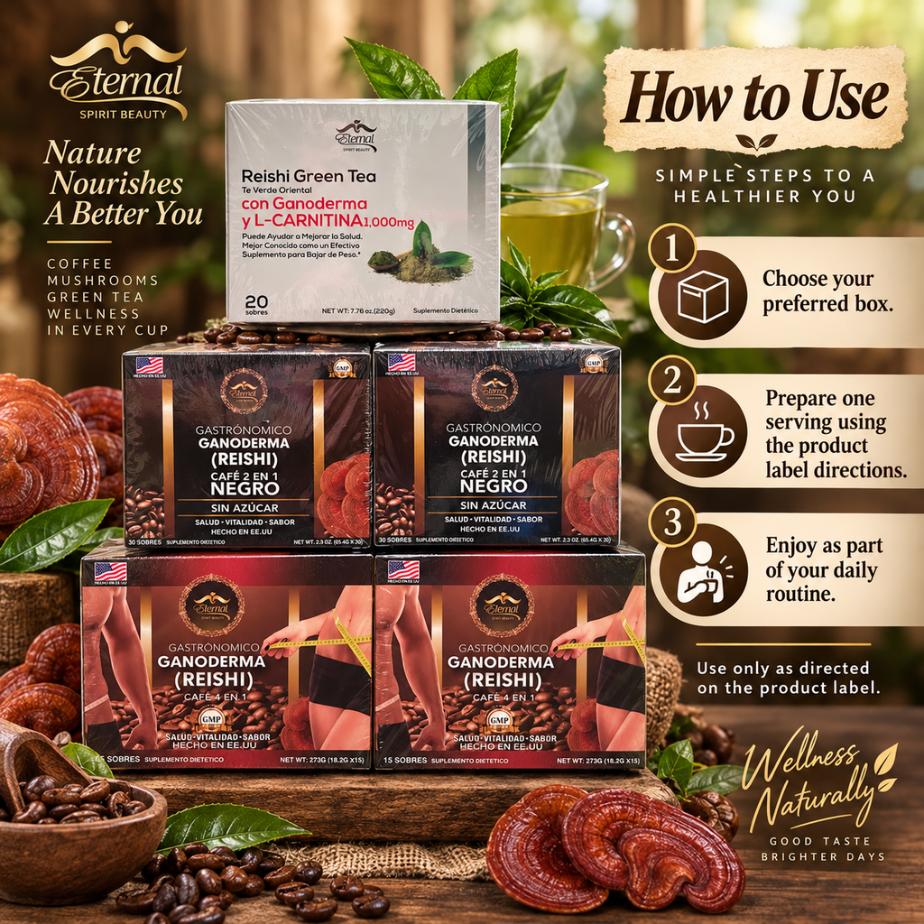 Eternal Spirit Beauty Combo 5 – Ganoderma Reishi Coffee &amp; Green Tea | 2 Café 4 en 1 + 2 Café Negro 2 en 1 + 1 Reishi Green Tea
