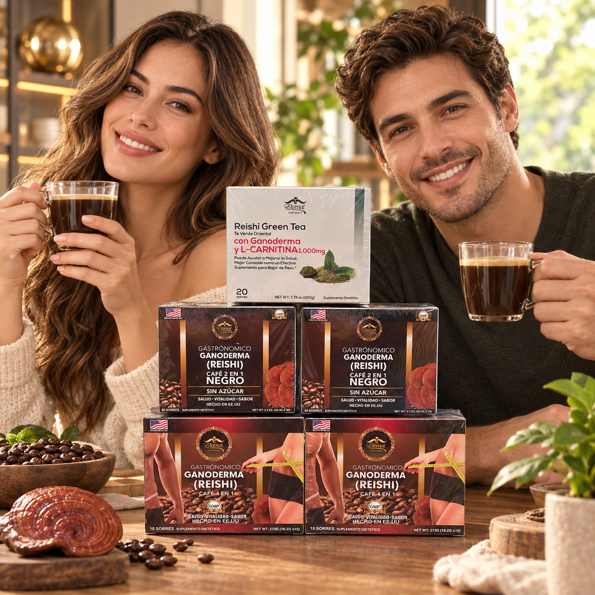 Eternal Spirit Beauty Combo 5 – Ganoderma Reishi Coffee &amp; Green Tea | 2 Café 4 en 1 + 2 Café Negro 2 en 1 + 1 Reishi Green Tea