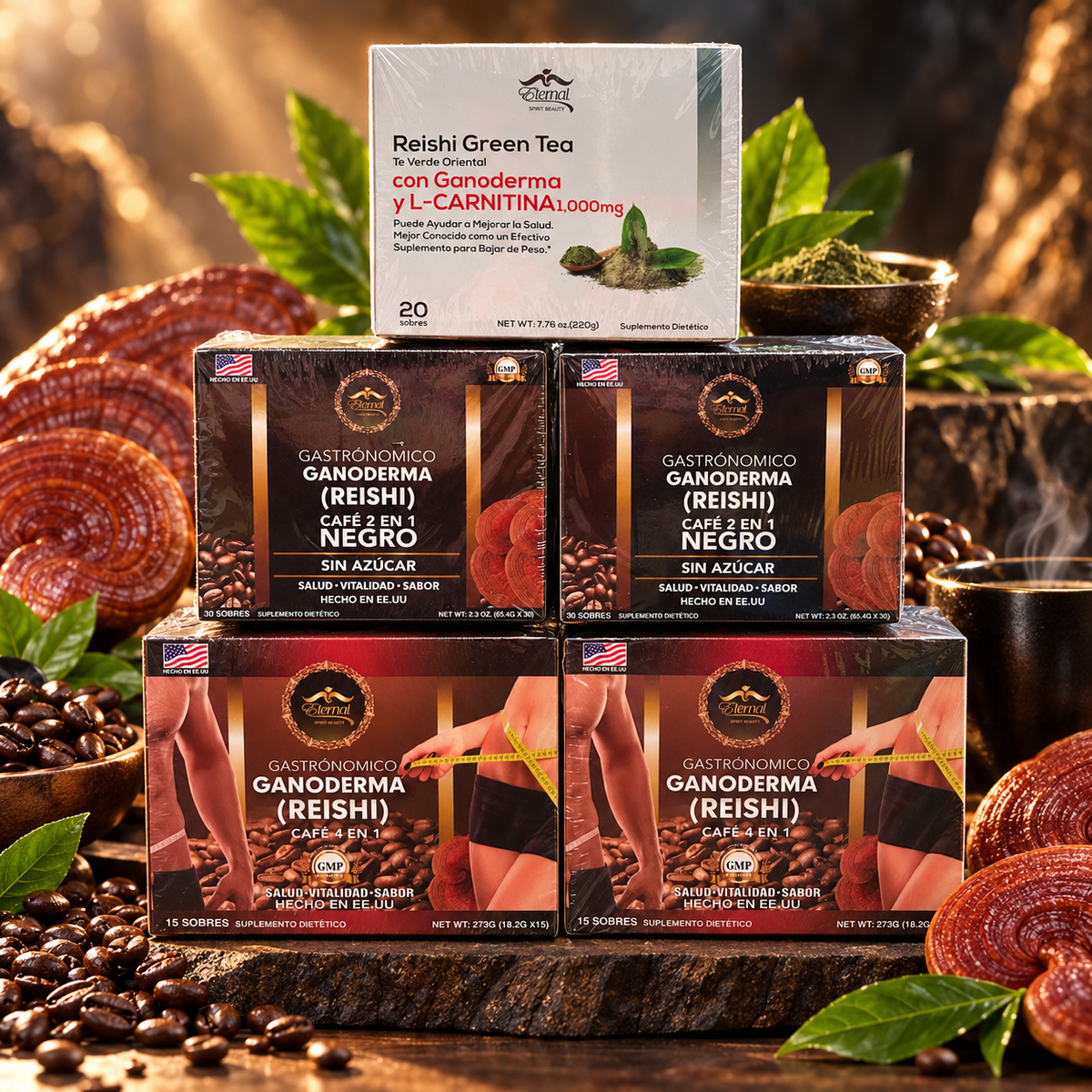 Eternal Spirit Beauty Combo 5 – Ganoderma Reishi Coffee &amp; Green Tea | 2 Café 4 en 1 + 2 Café Negro 2 en 1 + 1 Reishi Green Tea