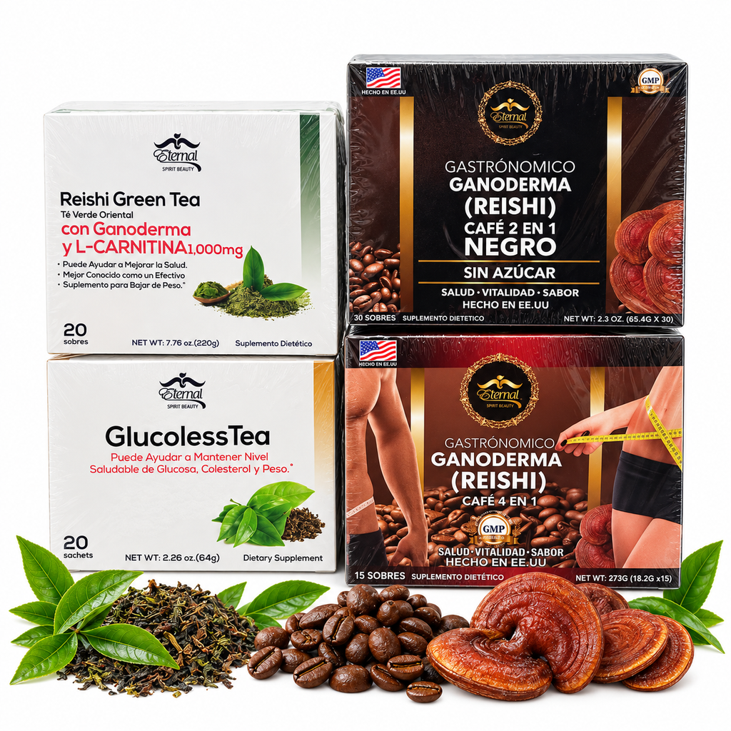 Eternal Spirit Beauty Combo 4 – Ganoderma Reishi Coffee &amp; Tea | Café 4 en 1 + Café Negro 2 en 1 + Reishi Green Tea + GlucolessTea
