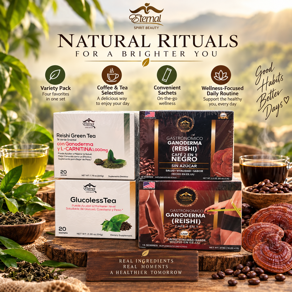 Eternal Spirit Beauty Combo 4 – Ganoderma Reishi Coffee &amp; Tea | Café 4 en 1 + Café Negro 2 en 1 + Reishi Green Tea + GlucolessTea