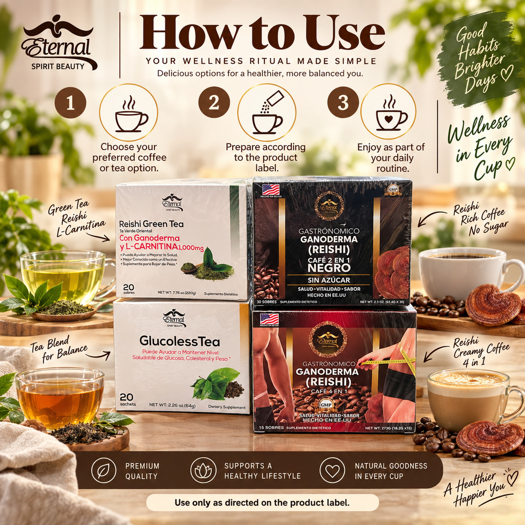 Eternal Spirit Beauty Combo 4 – Ganoderma Reishi Coffee &amp; Tea | Café 4 en 1 + Café Negro 2 en 1 + Reishi Green Tea + GlucolessTea