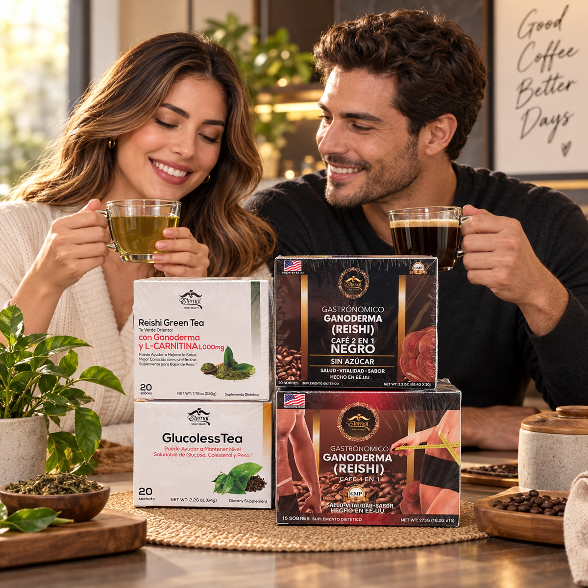 Eternal Spirit Beauty Combo 4 – Ganoderma Reishi Coffee &amp; Tea | Café 4 en 1 + Café Negro 2 en 1 + Reishi Green Tea + GlucolessTea