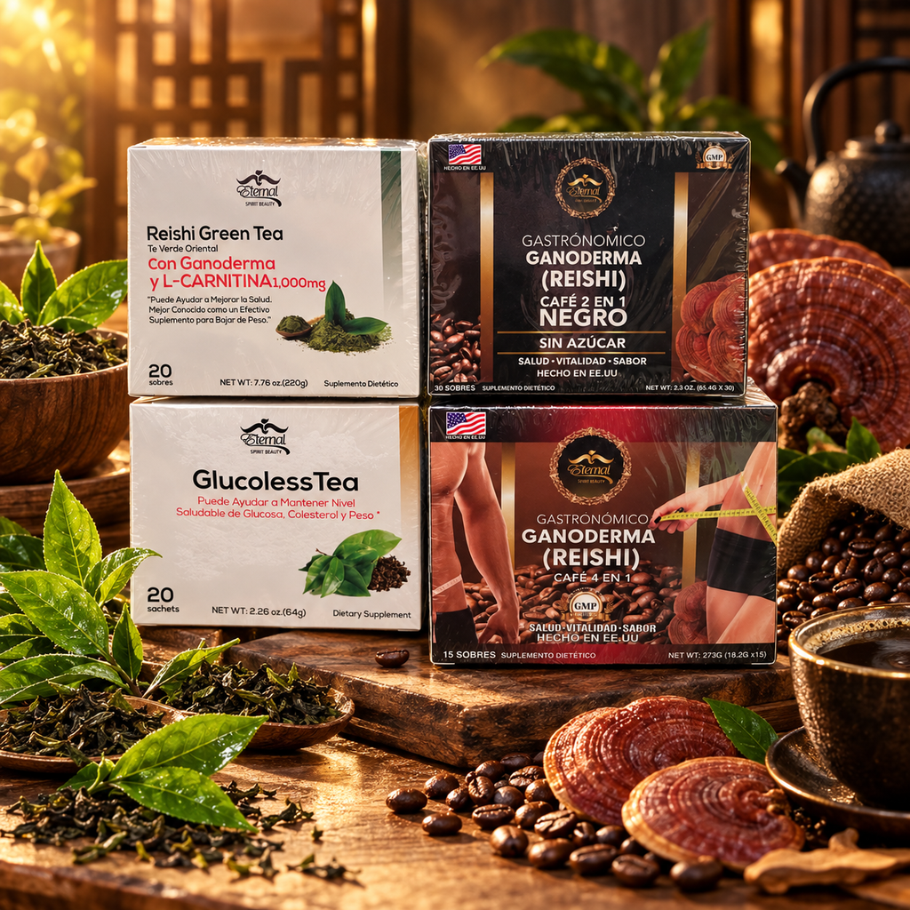 Eternal Spirit Beauty Combo 4 – Ganoderma Reishi Coffee &amp; Tea | Café 4 en 1 + Café Negro 2 en 1 + Reishi Green Tea + GlucolessTea