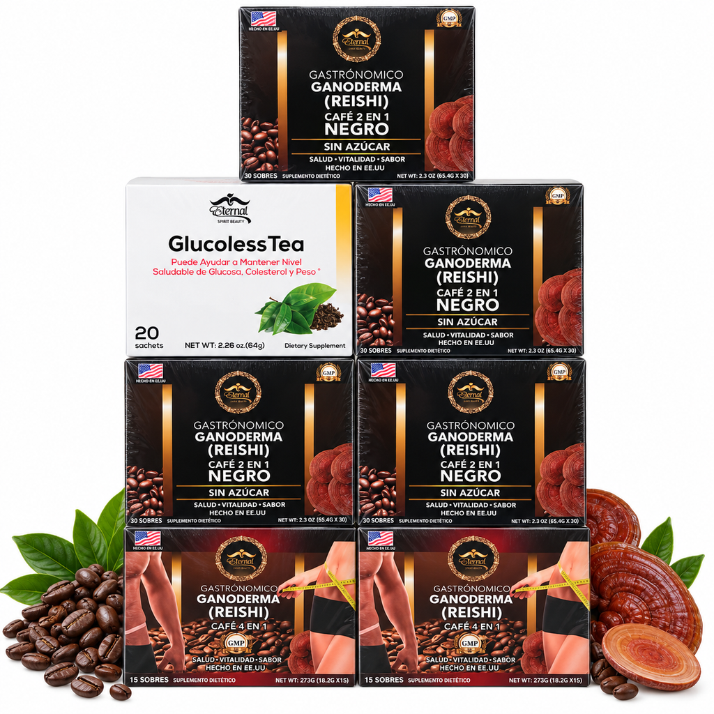 Eternal Spirit Beauty Combo 7 – Ganoderma Reishi Coffee &amp; GlucolessTea | 4 Café Negro 2 en 1 + 2 Café 4 en 1 + 1 GlucolessTea
