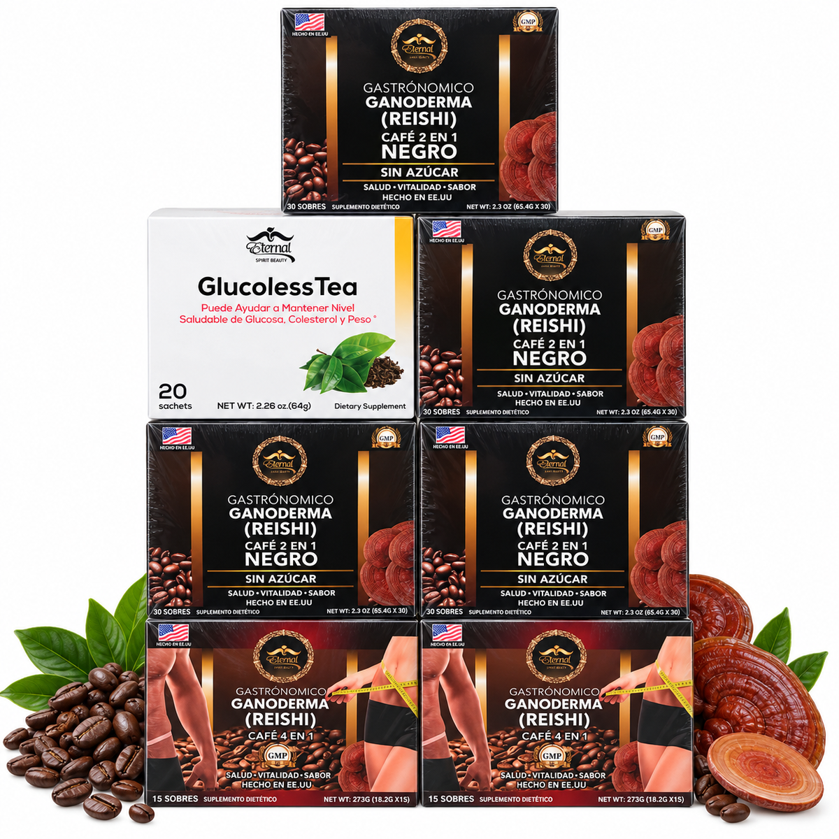 Eternal Spirit Beauty Combo 7 – Ganoderma Reishi Coffee &amp; GlucolessTea | 4 Café Negro 2 en 1 + 2 Café 4 en 1 + 1 GlucolessTea