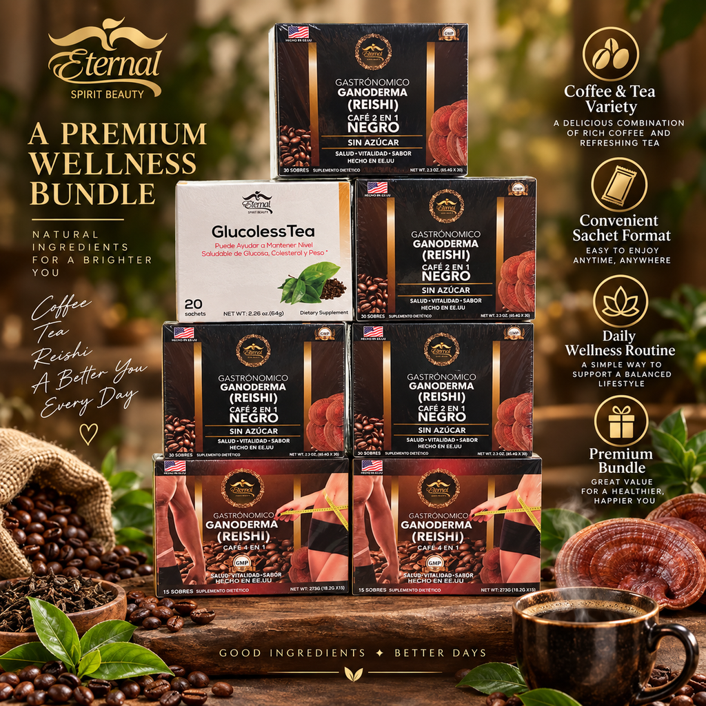 Eternal Spirit Beauty Combo 7 – Ganoderma Reishi Coffee &amp; GlucolessTea | 4 Café Negro 2 en 1 + 2 Café 4 en 1 + 1 GlucolessTea