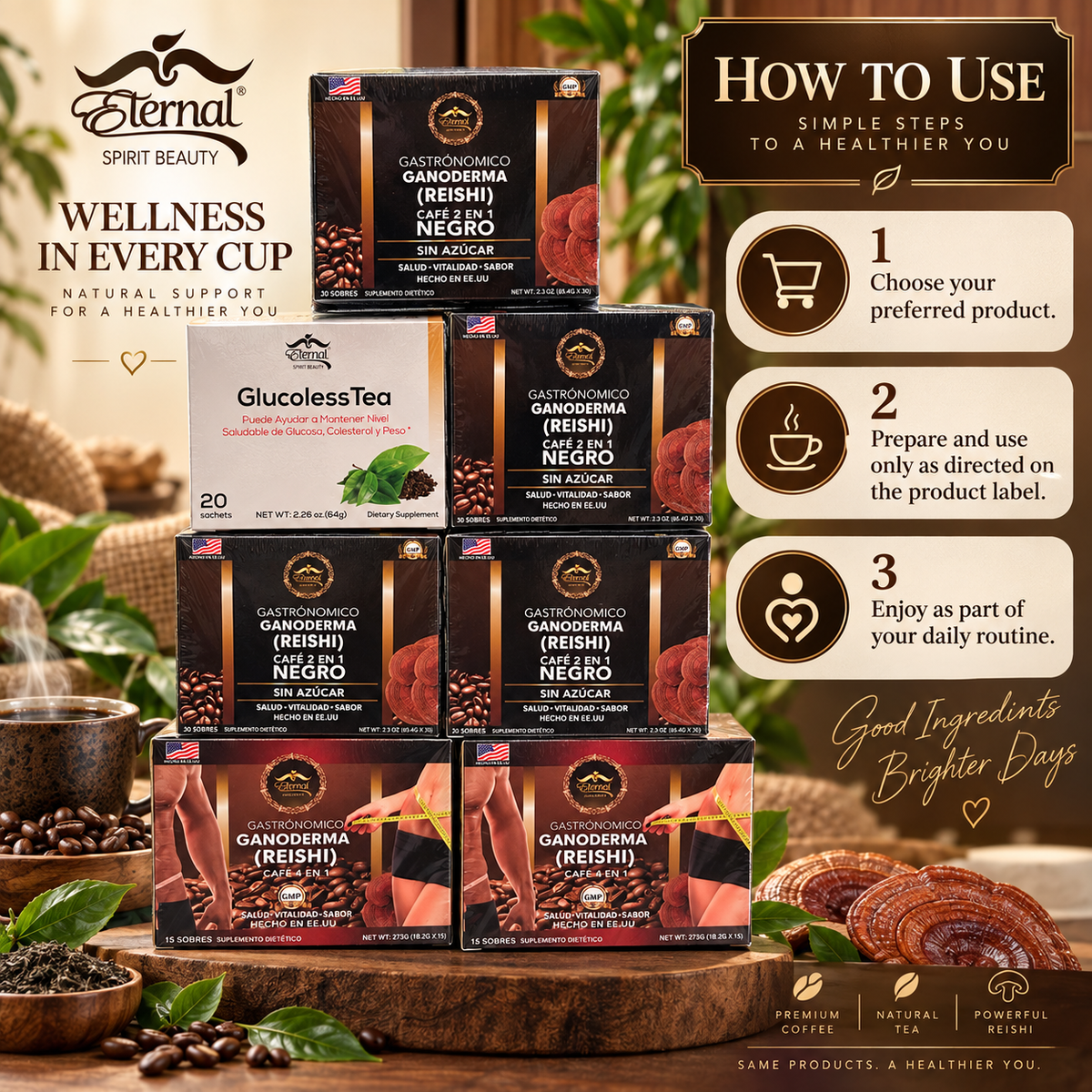 Eternal Spirit Beauty Combo 7 – Ganoderma Reishi Coffee &amp; GlucolessTea | 4 Café Negro 2 en 1 + 2 Café 4 en 1 + 1 GlucolessTea