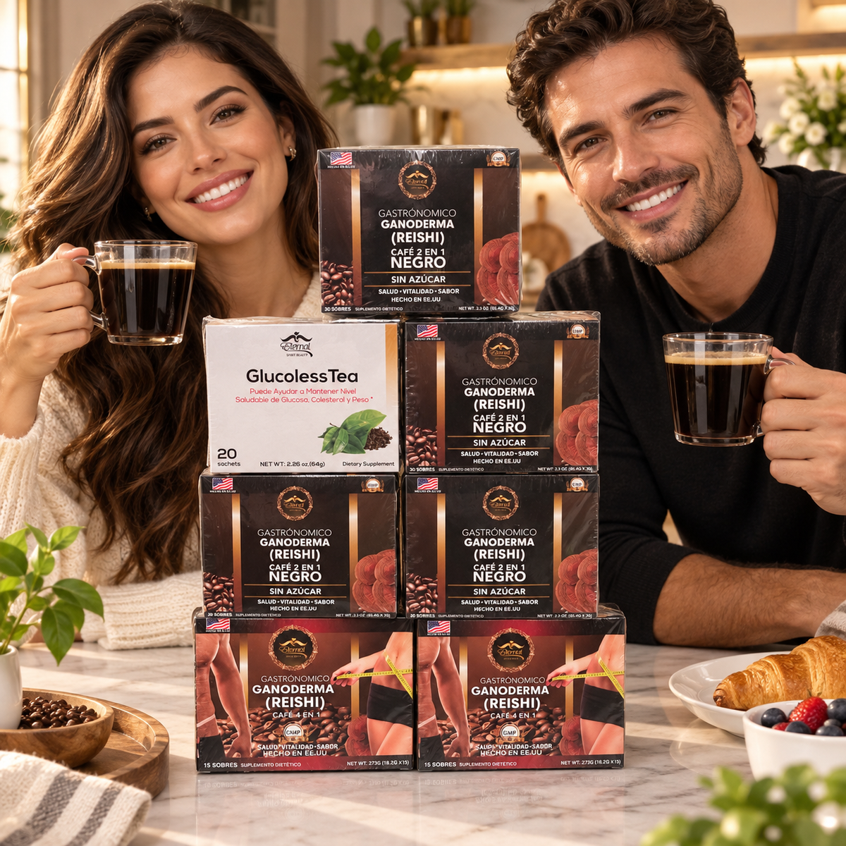 Eternal Spirit Beauty Combo 7 – Ganoderma Reishi Coffee &amp; GlucolessTea | 4 Café Negro 2 en 1 + 2 Café 4 en 1 + 1 GlucolessTea