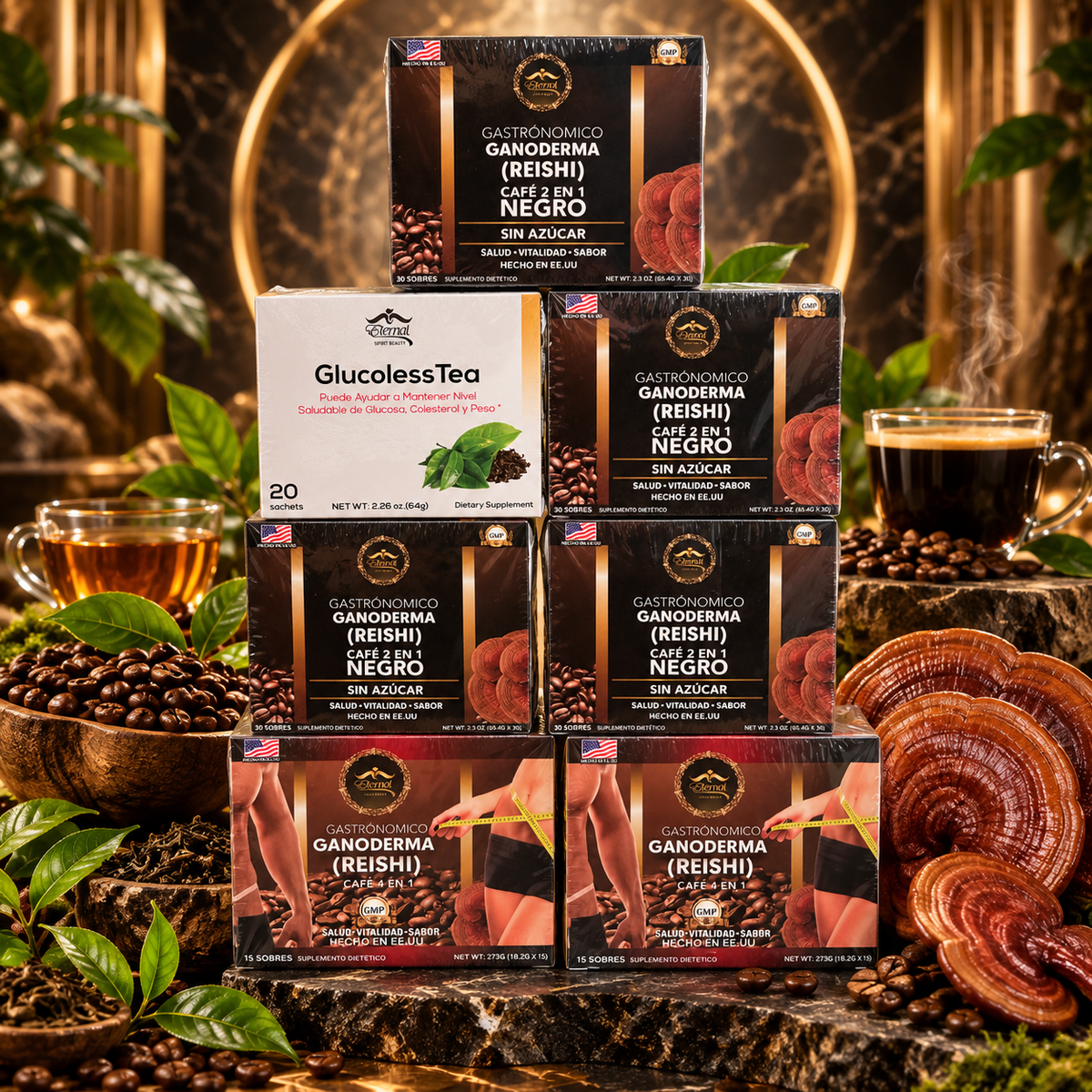 Eternal Spirit Beauty Combo 7 – Ganoderma Reishi Coffee &amp; GlucolessTea | 4 Café Negro 2 en 1 + 2 Café 4 en 1 + 1 GlucolessTea