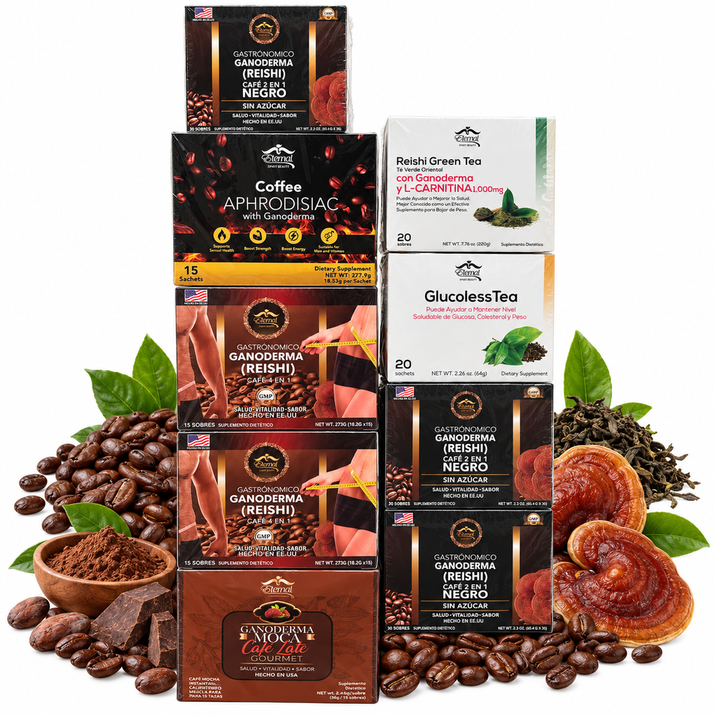 Eternal Spirit Beauty Combo 10 – Ganoderma Reishi Coffee &amp; Tea | Café Negro 2 en 1 + Café 4 en 1 + Reishi Green Tea + GlucolessTea + Aphrodisiac Coffee + Moca Café Latte