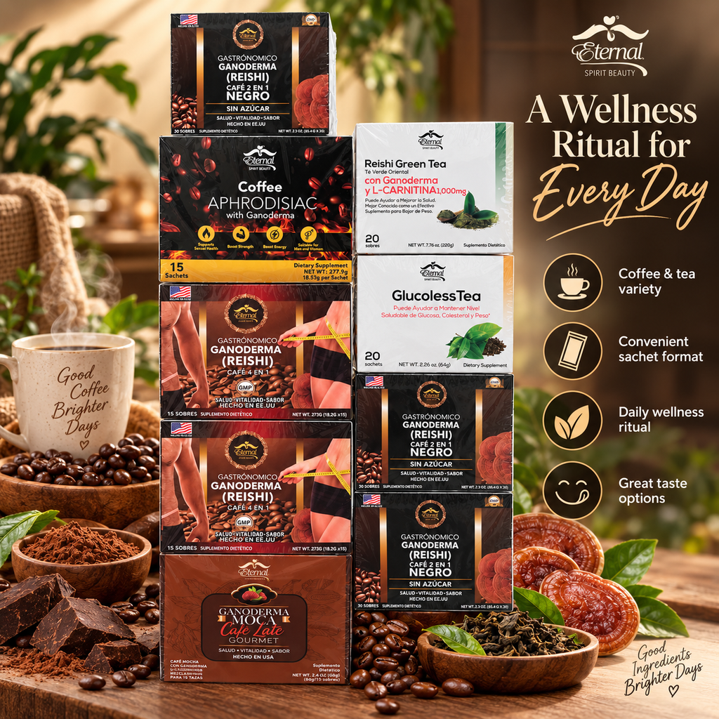 Eternal Spirit Beauty Combo 10 – Ganoderma Reishi Coffee &amp; Tea | Café Negro 2 en 1 + Café 4 en 1 + Reishi Green Tea + GlucolessTea + Aphrodisiac Coffee + Moca Café Latte