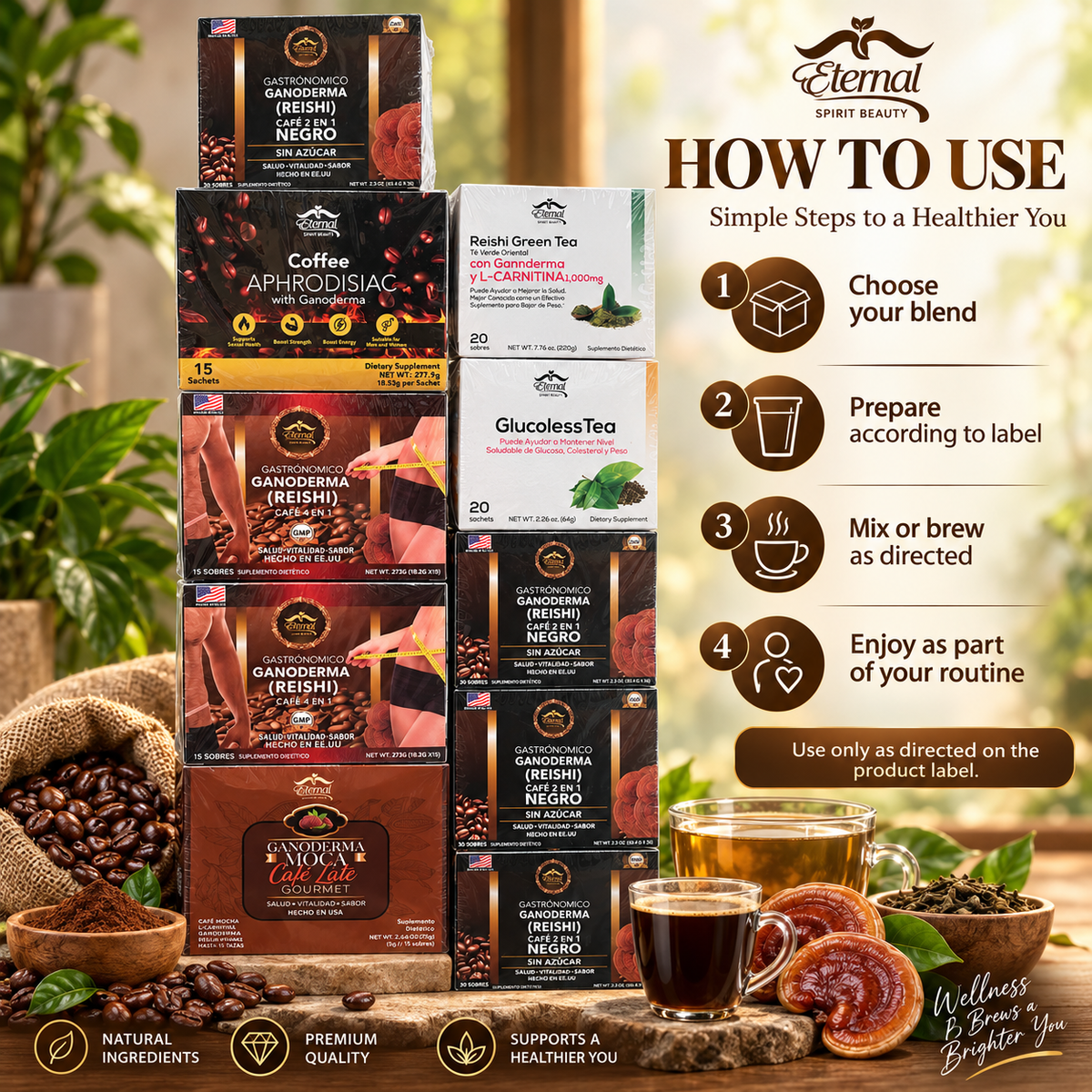 Eternal Spirit Beauty Combo 10 – Ganoderma Reishi Coffee &amp; Tea | Café Negro 2 en 1 + Café 4 en 1 + Reishi Green Tea + GlucolessTea + Aphrodisiac Coffee + Moca Café Latte