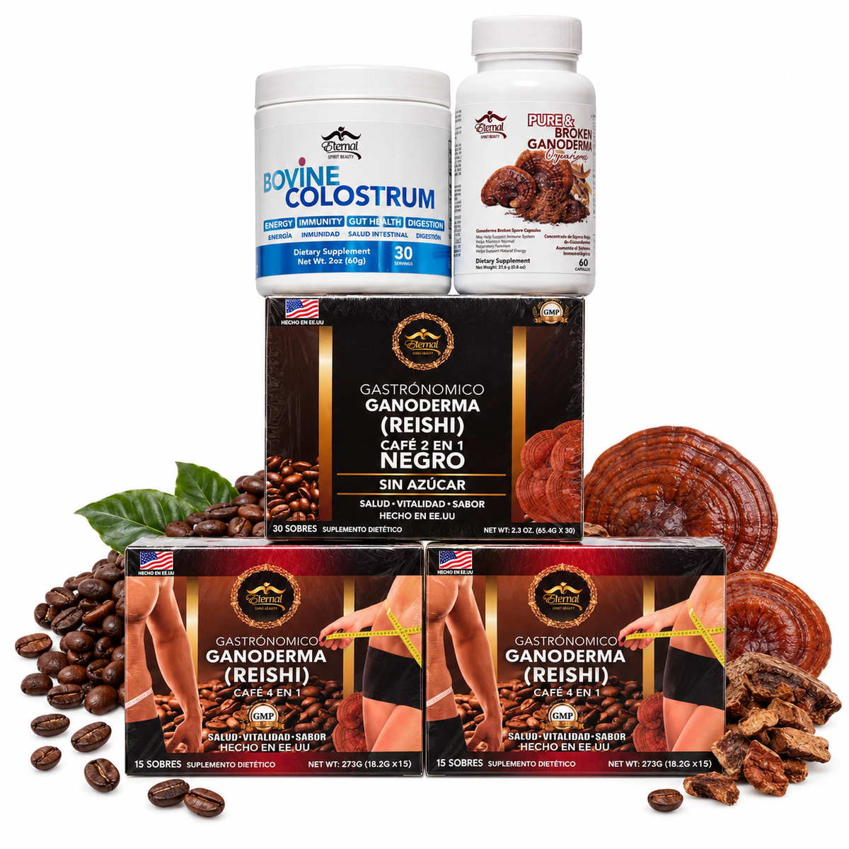 Eternal Spirit Beauty Combo 8 – Ganoderma Reishi Coffee, Tea &amp; Supplements | Café 4 en 1 + Café Negro 2 en 1 + Green Tea + GlucolessTea + Colostrum + Ganoderma