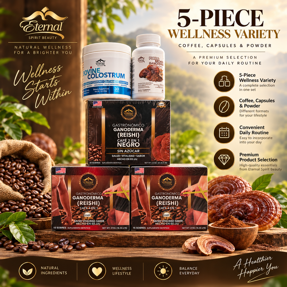 Eternal Spirit Beauty Combo 8 – Ganoderma Reishi Coffee, Tea &amp; Supplements | Café 4 en 1 + Café Negro 2 en 1 + Green Tea + GlucolessTea + Colostrum + Ganoderma