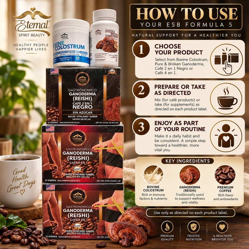 Eternal Spirit Beauty Combo 8 – Ganoderma Reishi Coffee, Tea &amp; Supplements | Café 4 en 1 + Café Negro 2 en 1 + Green Tea + GlucolessTea + Colostrum + Ganoderma