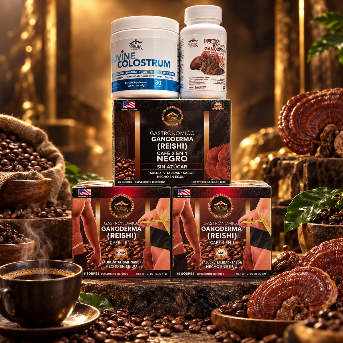 Eternal Spirit Beauty Combo 8 – Ganoderma Reishi Coffee, Tea &amp; Supplements | Café 4 en 1 + Café Negro 2 en 1 + Green Tea + GlucolessTea + Colostrum + Ganoderma