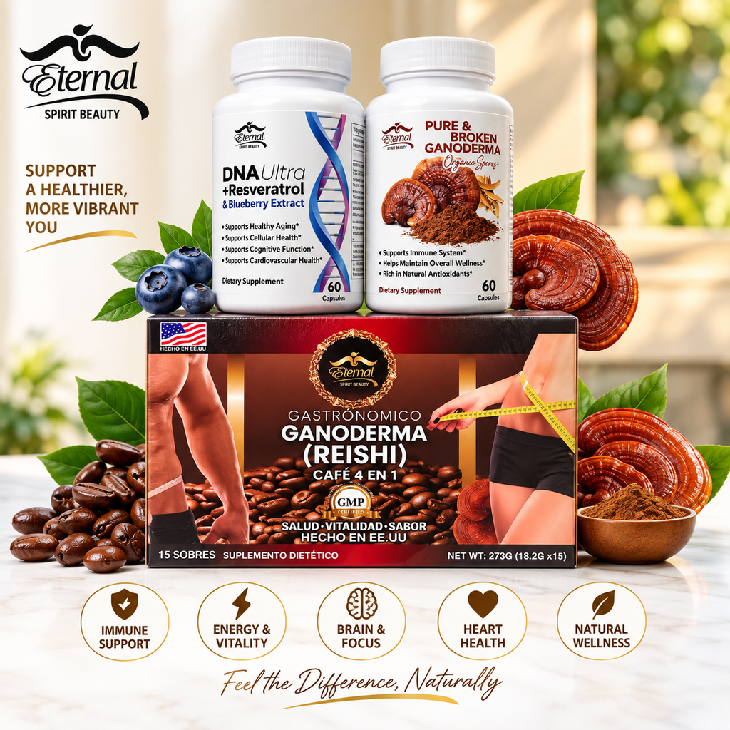 Eternal Spirit Beauty Combo #3-1 DNA Ultra + Resveratrol & Blueberry Extract, Pure & Broken Ganoderma, and Ganoderma (Reishi) Café 4 en 1