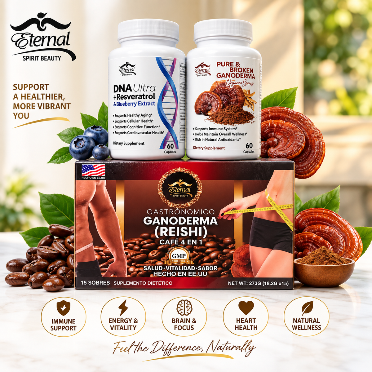 Eternal Spirit Beauty Combo #3-1 DNA Ultra + Resveratrol & Blueberry Extract, Pure & Broken Ganoderma, and Ganoderma (Reishi) Café 4 en 1