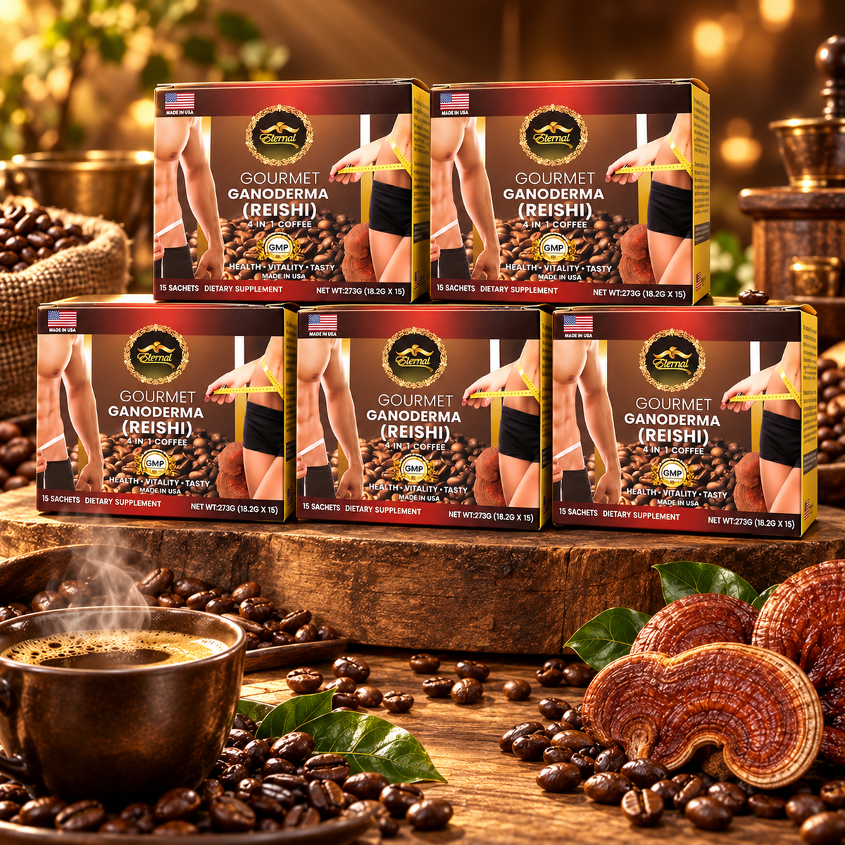 Eternal Spirit Beauty 5-Box Combo – Gourmet Ganoderma (Reishi) 4 in 1 Coffee | 75 Sachets Total
