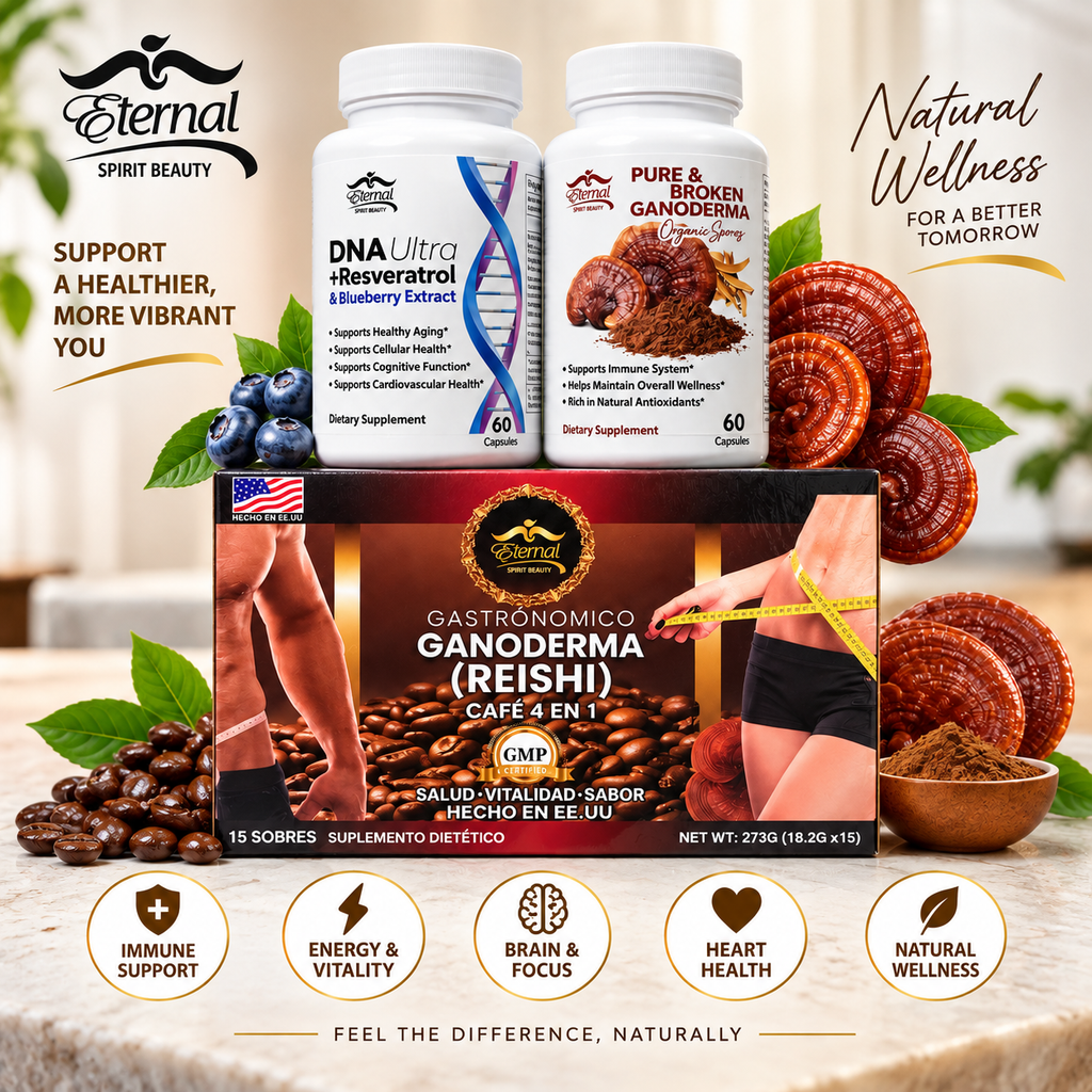 Eternal Spirit Beauty Combo #3-1 DNA Ultra + Resveratrol & Blueberry Extract, Pure & Broken Ganoderma, and Ganoderma (Reishi) Café 4 en 1