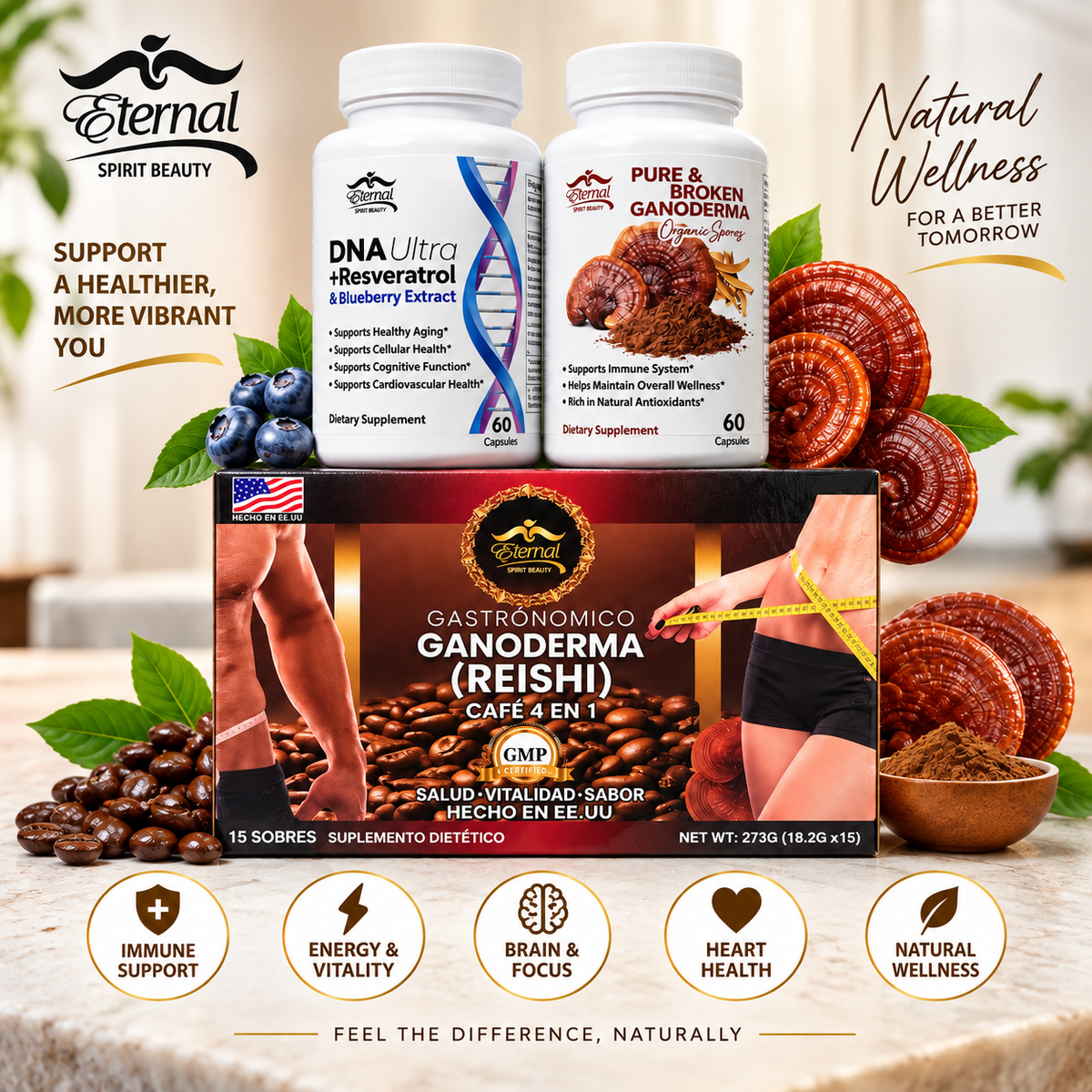 Eternal Spirit Beauty Combo #3-1 DNA Ultra + Resveratrol & Blueberry Extract, Pure & Broken Ganoderma, and Ganoderma (Reishi) Café 4 en 1