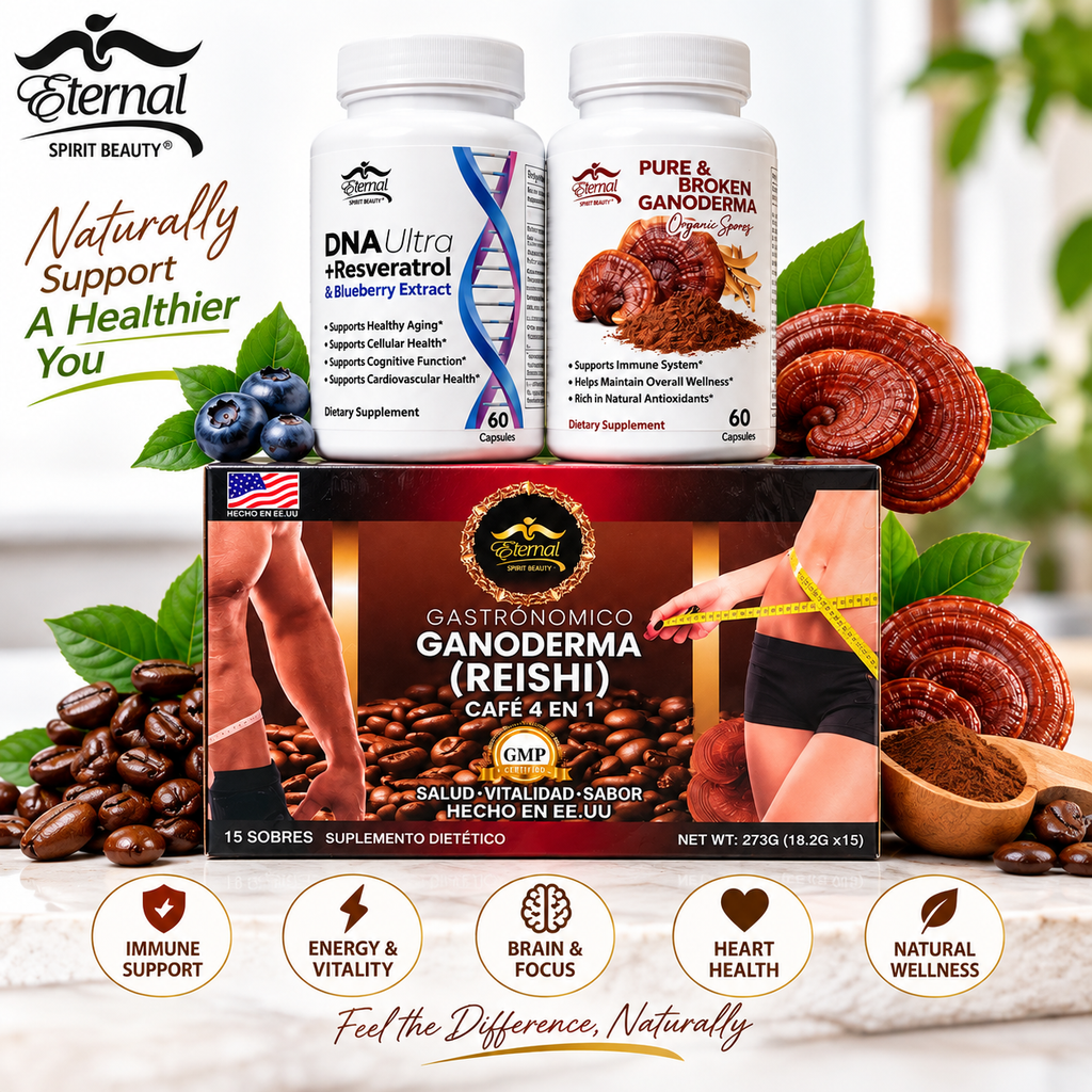 Eternal Spirit Beauty Combo #3-1 DNA Ultra + Resveratrol & Blueberry Extract, Pure & Broken Ganoderma, and Ganoderma (Reishi) Café 4 en 1