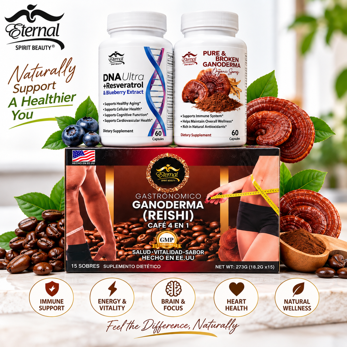 Eternal Spirit Beauty Combo #3-1 DNA Ultra + Resveratrol & Blueberry Extract, Pure & Broken Ganoderma, and Ganoderma (Reishi) Café 4 en 1