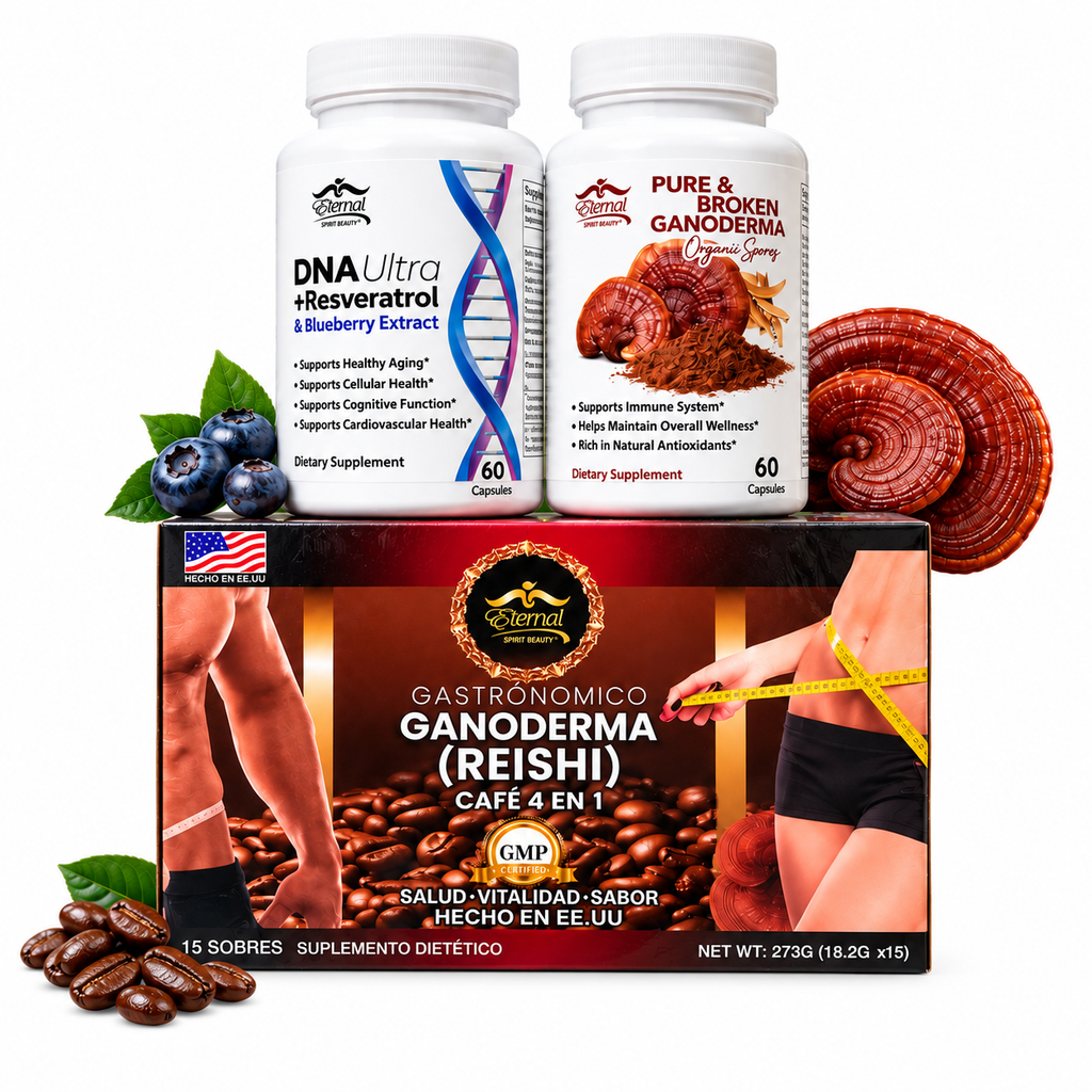 Eternal Spirit Beauty Combo #3-1 DNA Ultra + Resveratrol & Blueberry Extract, Pure & Broken Ganoderma, and Ganoderma (Reishi) Café 4 en 1