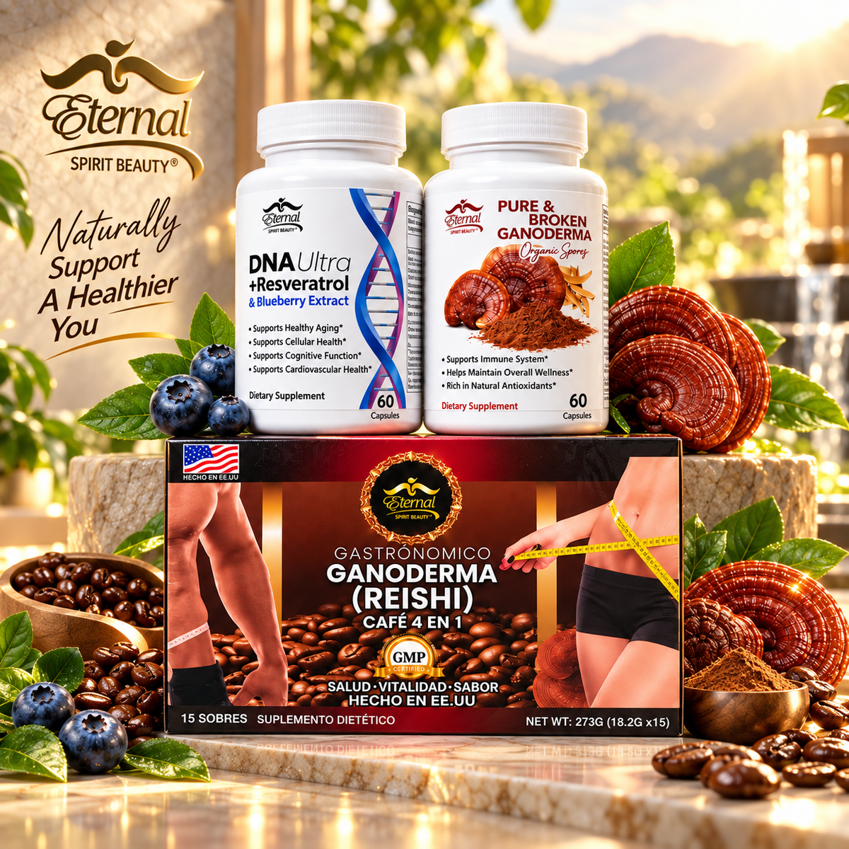 Eternal Spirit Beauty Combo #3-1 DNA Ultra + Resveratrol & Blueberry Extract, Pure & Broken Ganoderma, and Ganoderma (Reishi) Café 4 en 1